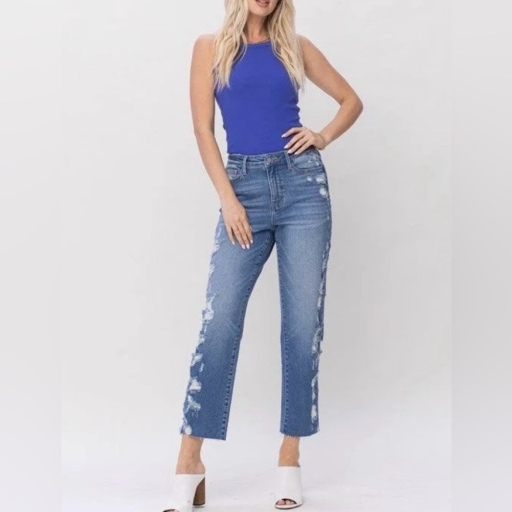 Women’s Judy Blue Laila Straight Side Distressed Denim Jeans Blue Wash Sz 7/28